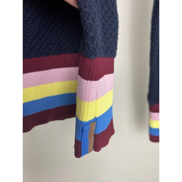 Kule Navy Blue Cashmere Blend Crewneck Sweater Rainbow Striped Cuff‎ Size Small - Picture 4 of 8